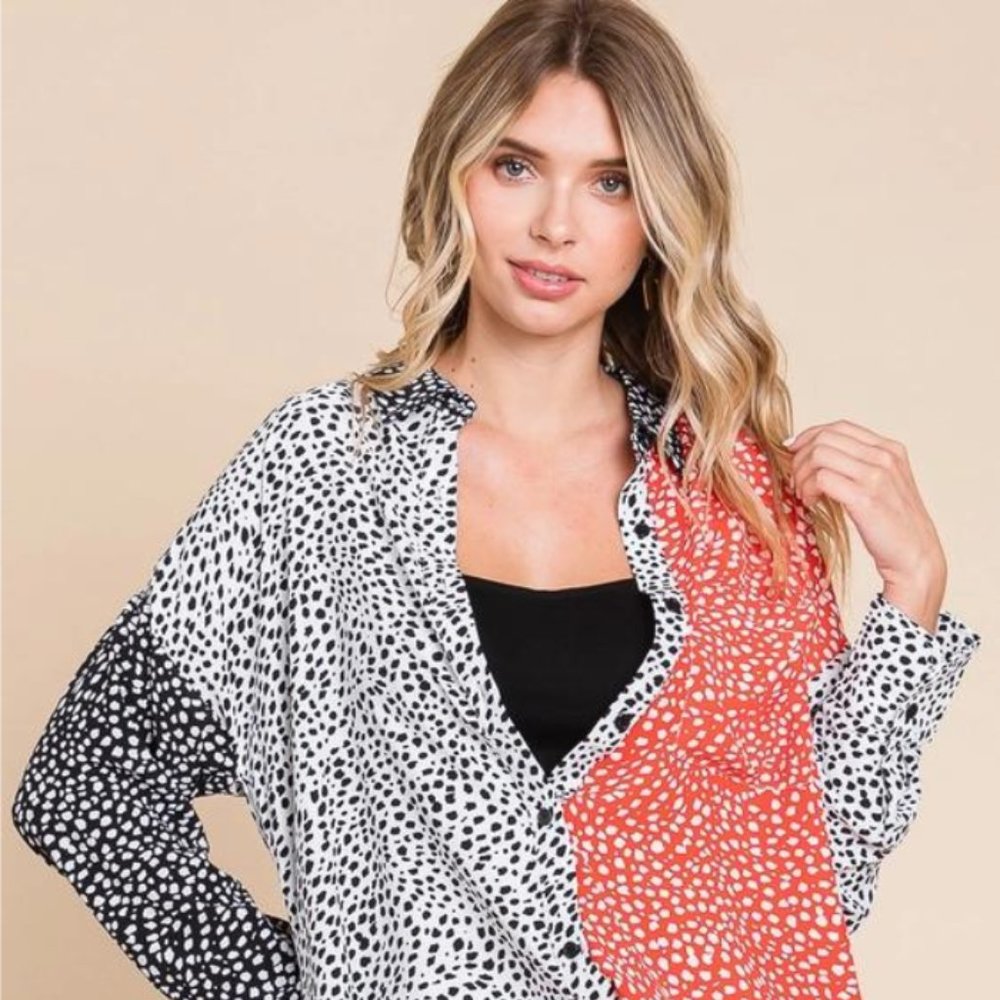 Animal Print Color Block Button Down Shirt